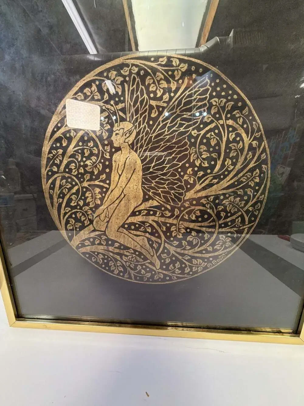 Vintage Gaunt Art Nouveau Fairy Gold Tone Relief Wall Decor in Brass Frame